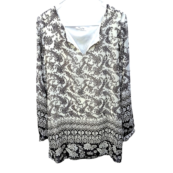 Large Tunic Top Boho Paisley Black White Lined micro mini possible - Picture 1 of 4